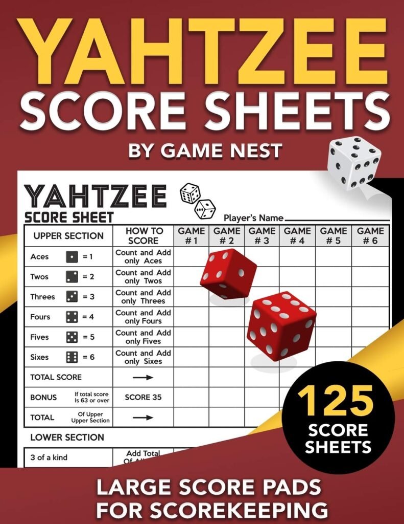 Yahtzee Score Sheets: 125 Large Score Pads for Scorekeeping | 8.5 x 11” Yahtzee Score Cards     Paperback – December 6, 2019