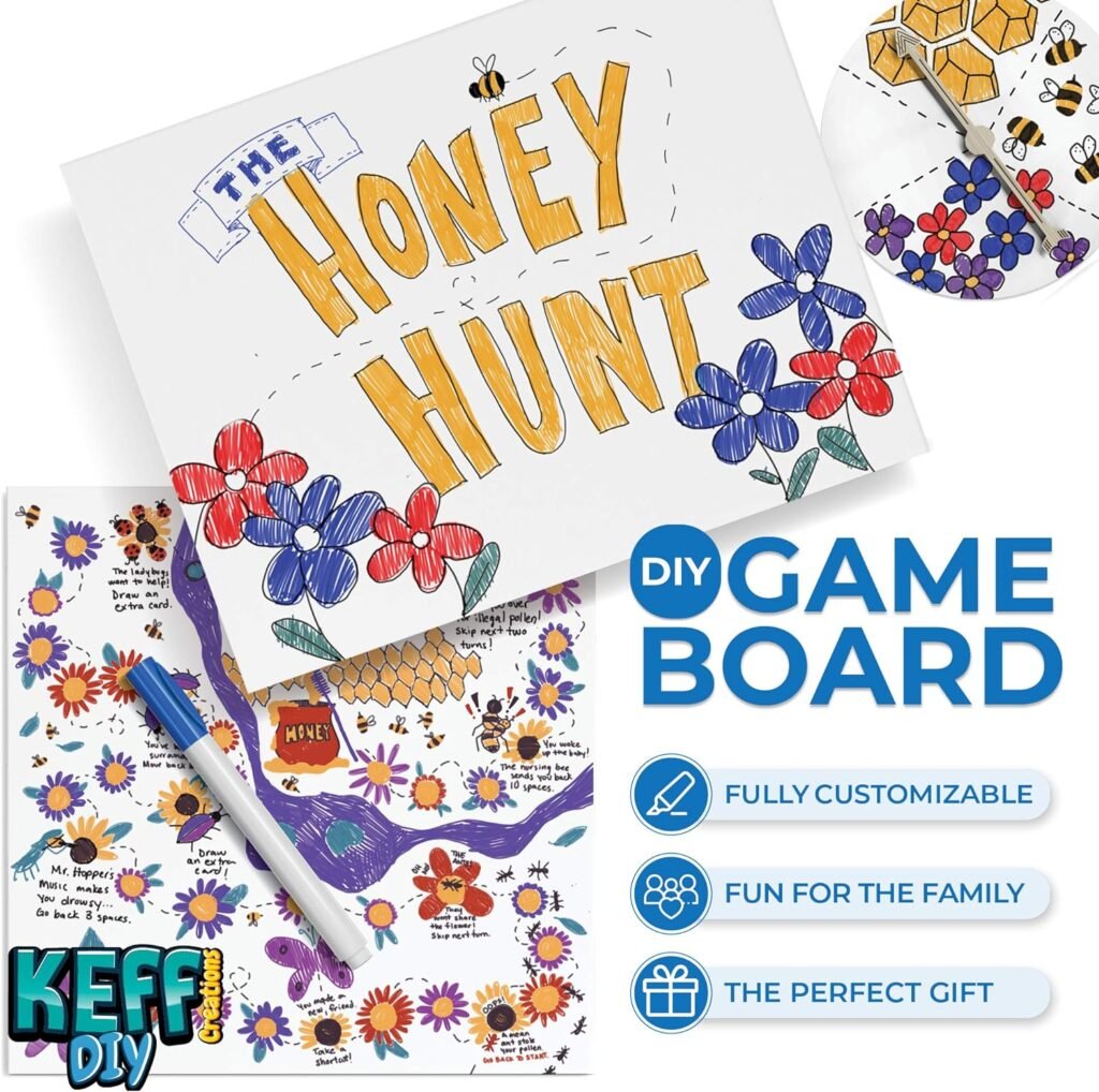 KEFF Make Your Own Board Game Set - DIY Blank Game Board Kit with Game Pieces, Blank Cards, Dice, Spinner, Pawns  More - Fun Family Board Games for Kids  Adults