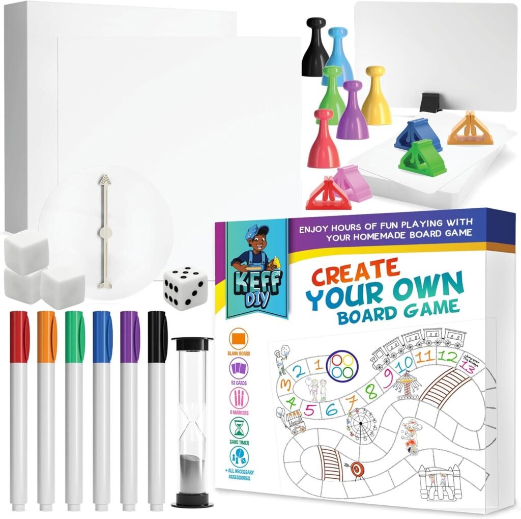 KEFF Make Your Own Board Game Set - DIY Blank Game Board Kit with Game Pieces, Blank Cards, Dice, Spinner, Pawns  More - Fun Family Board Games for Kids  Adults