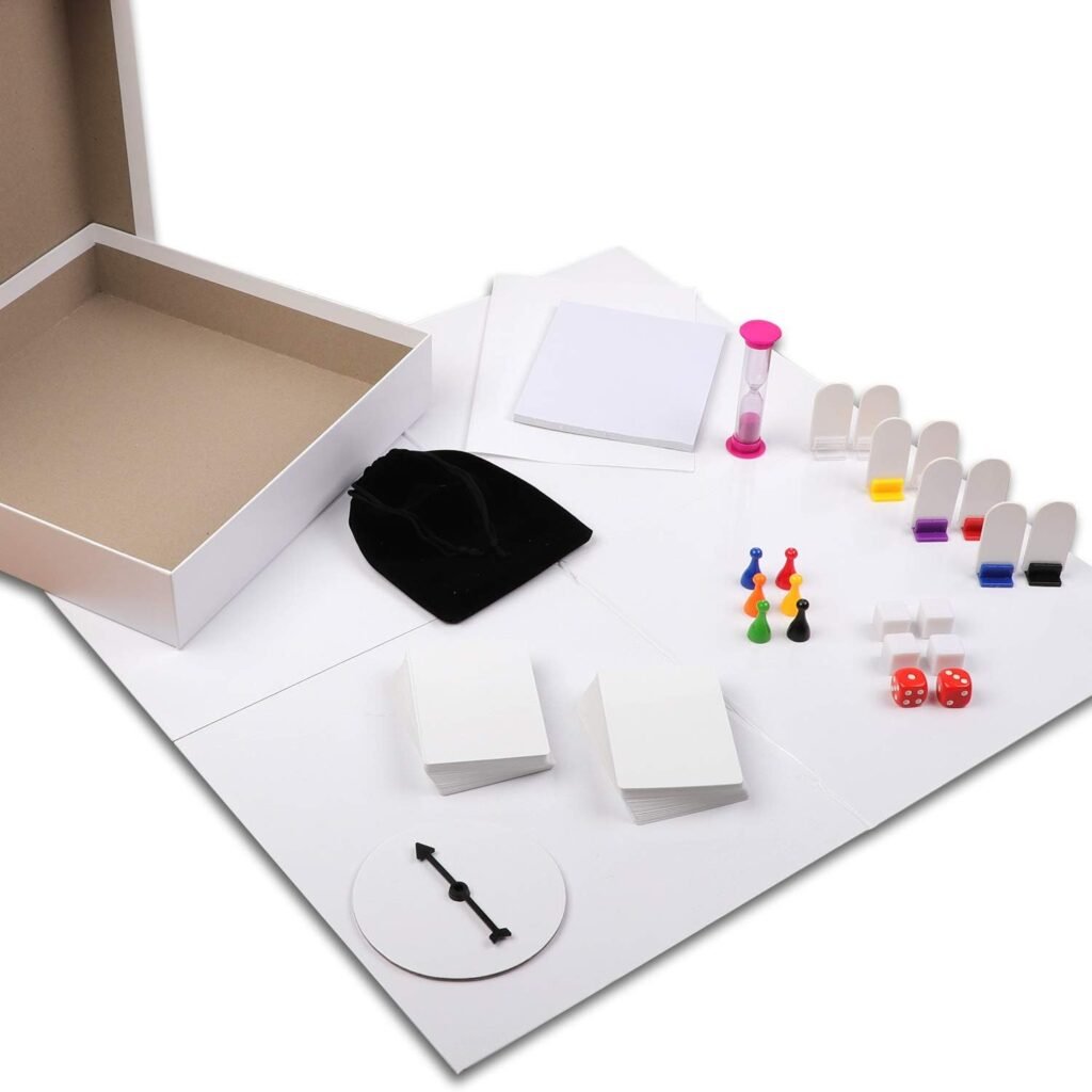 Madanar Blank Create Your Own Board Game Kit DIY 143 Piece Set - Perfect for School Projects: Blank Game Board, Spinner, Playing Cards, Dice, Sand Timer, Pawns, Storage Box, and More - Fun for Family