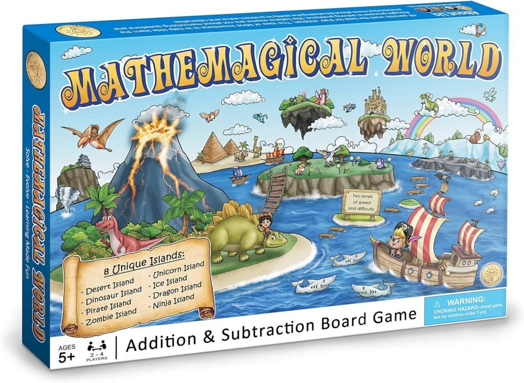 Mathemagical World - Addition  Subtraction Math Board Game for Kids, 4 players, Ages 5+ and Perfect for Homeschool, Kindergarten, Pre-k, and Gifted  Talented Prep