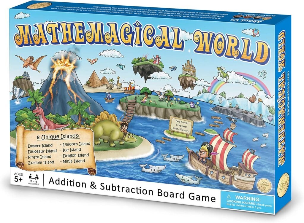 Mathemagical World - Addition  Subtraction Math Board Game for Kids, 4 players, Ages 5+ and Perfect for Homeschool, Kindergarten, Pre-k, and Gifted  Talented Prep