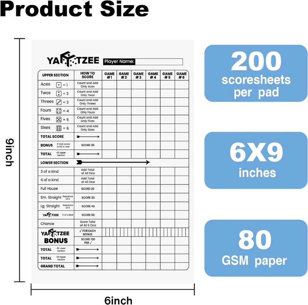 Yahtzee Score Pads Perforated: 6X9, 200 Easy Tear Off, Large Print Yahtzee Score Pads Compatible with Yardzee and Yahtzee Games