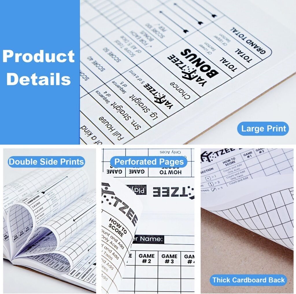 Yahtzee Score Pads Perforated: 6X9, 200 Easy Tear Off, Large Print Yahtzee Score Pads Compatible with Yardzee and Yahtzee Games