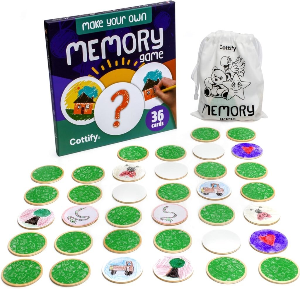 Create Your Own Memory Game 36pc Art  Craft Kit, Durable  Scratch-Resistant Wooden Cards, Replacement Stickers, Support Child Development, Matching Games for Toddlers 3-5 and Up, Blank Board Game