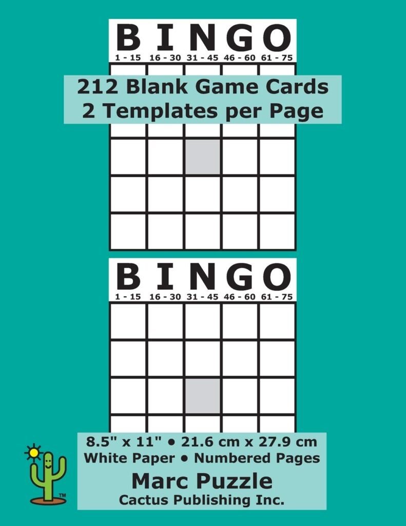 Bingo - 212 Blank Game Cards: 2 Bingo Templates per Page; 8.5 x 11; 21.6 x 27.9 cm; White Paper; Page Numbers; Empty Grid Board; Score; Scorecards; Scoresheets; Large Print     Paperback – Large Print, September 6, 2019