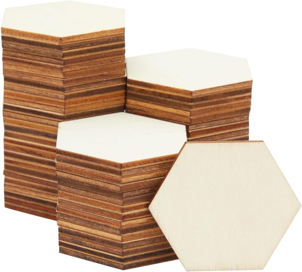 Bright Creations 100 Pack Unfinished Wood Hexagon Pieces for DIY Crafts, 2.5mm Wood Slice Cutouts (2x2 Inches)