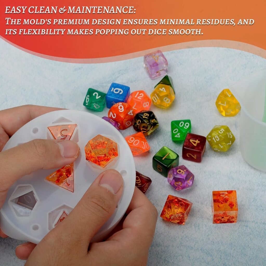 DND Dice Mold for 7 Polyhedral Sharp Edge Dice Set - Reusable Silicone Dice Making Mould with Resin Casting Tools - Custom Your Dice Molds for Dungeons and Dragons, Tabletop RPG, Board Game