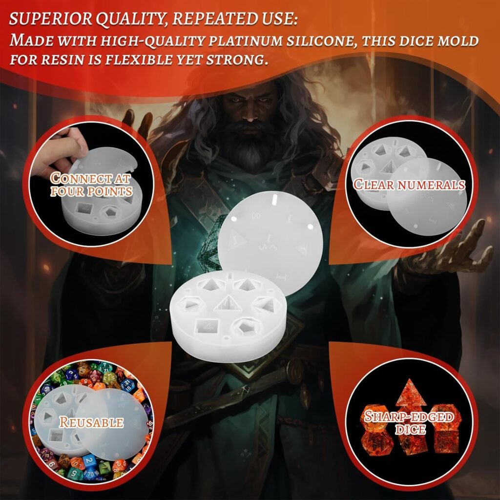 DND Dice Mold for 7 Polyhedral Sharp Edge Dice Set - Reusable Silicone Dice Making Mould with Resin Casting Tools - Custom Your Dice Molds for Dungeons and Dragons, Tabletop RPG, Board Game