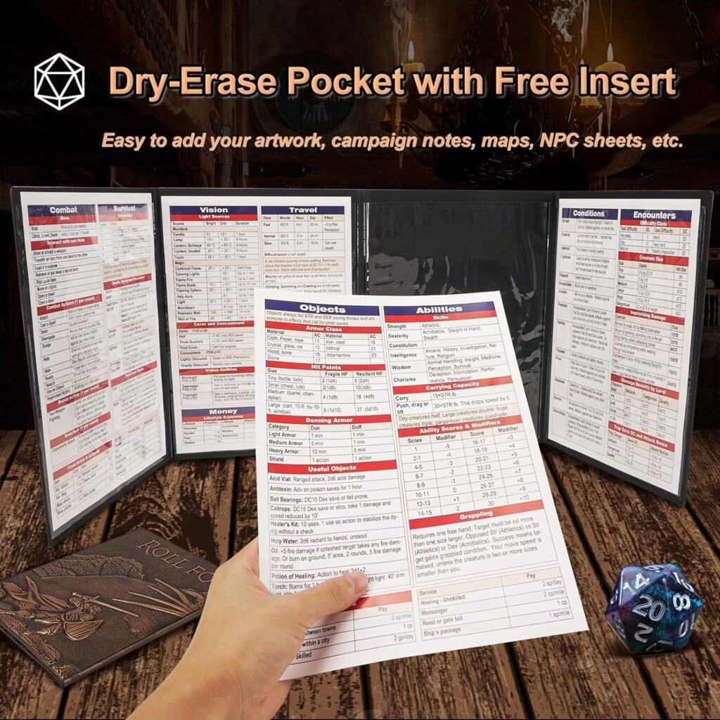 DND DM Screen 5e, DD Dungeon Master Screen 3D Faux Leather 4 Panel Game Master Screen with Customizable Inserts - Dungeons and Dragons GM RPG Accessories Gift for Men or Women