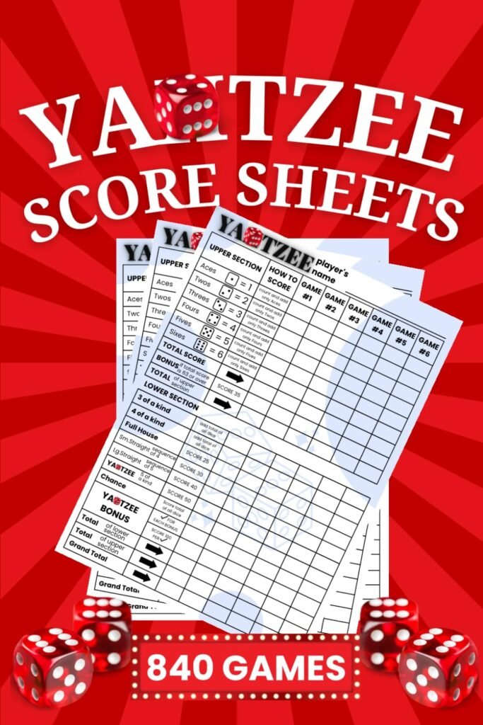 Yahtzee Score Sheets: 840 Score Games for Scorekeeping, 6 X 9 Large Print Yahtzee Score Sheets (+140 Pages Yahtzee Score Book)     Paperback – December 26, 2023