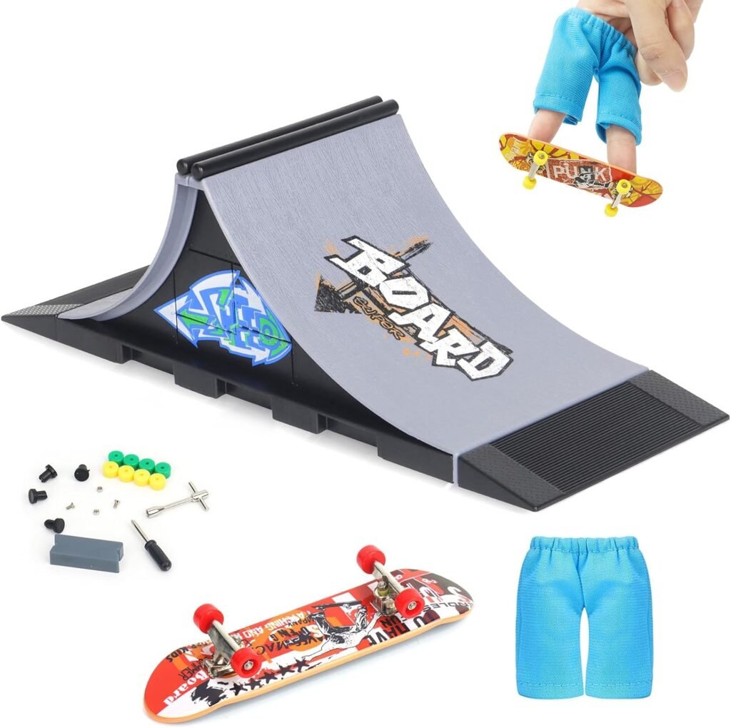 KETIEE Finger Skateboards Ramp Set, Skatepark Deck Kit Training Props with Ramps, Fingerboard  Shorts, Customizable and Buildable Interactive Skate Game, Mini Finger Skate Park Kit for Kids (A Grey)