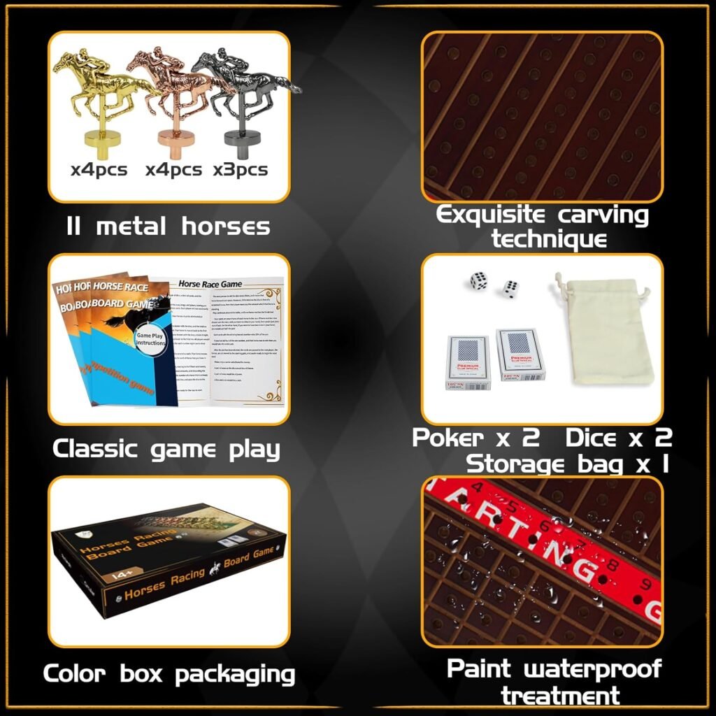 Horse Race Board Game Racing Game Thickened Solid Wood with 11 Luxurious Durable Classic Metal Horses with 4 Dice and 2 Boxes of Cards Horse Racing Game (Log Color, Oval)…